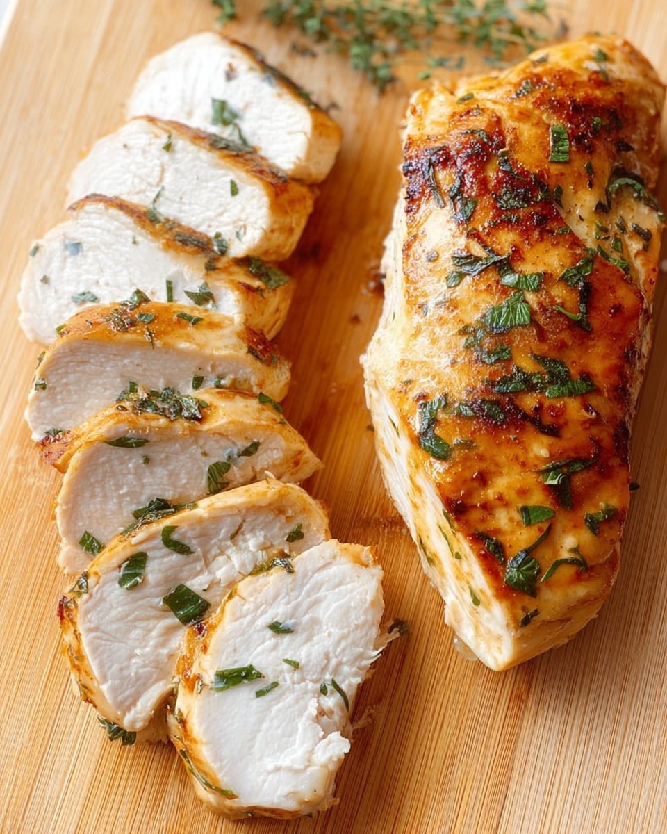 The image shows one whole cooked chicken breast on the right side with a golden-brown surface and some green herbs sprinkled on top. To the left of the whole piece, there are seven thick slices of the same chicken breast arranged slightly diagonally. The slices have a white, tender inside with a lightly browned outer layer and some green herbs scattered on them. The chicken is placed on a wooden board with a light wood grain texture. photo taken with an iphone --ar 4:5 --v 7
