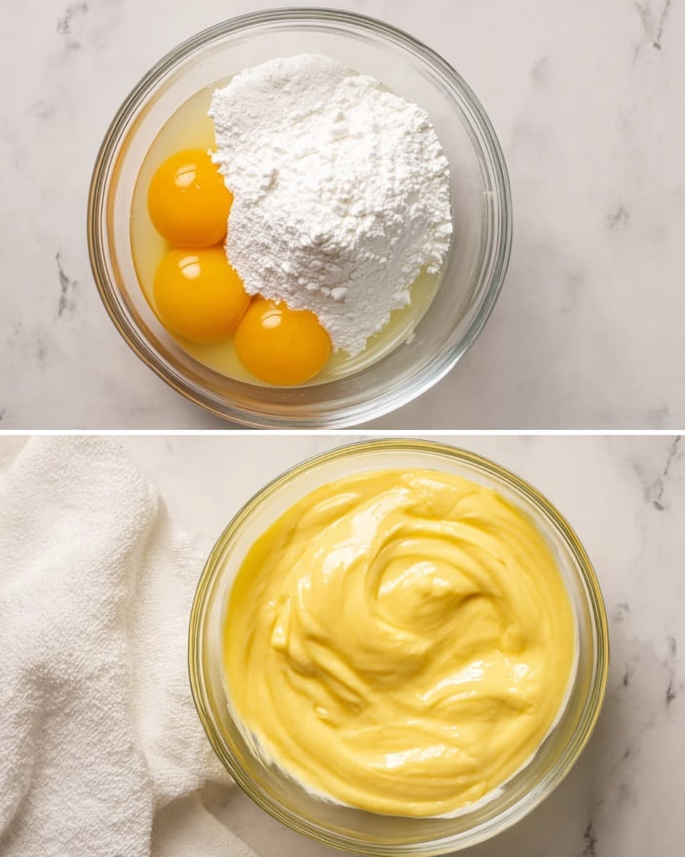 Two glass bowls are shown on a white marbled surface. The left bowl shows three raw egg yolks at the bottom with a heap of white powder and thick white cream on top. The right bowl contains a smooth, bright yellow mixture with a creamy texture, swirled gently. A white cloth is partly visible near the bottom left corner in both images. photo taken with an iphone --ar 4:5 --v 7