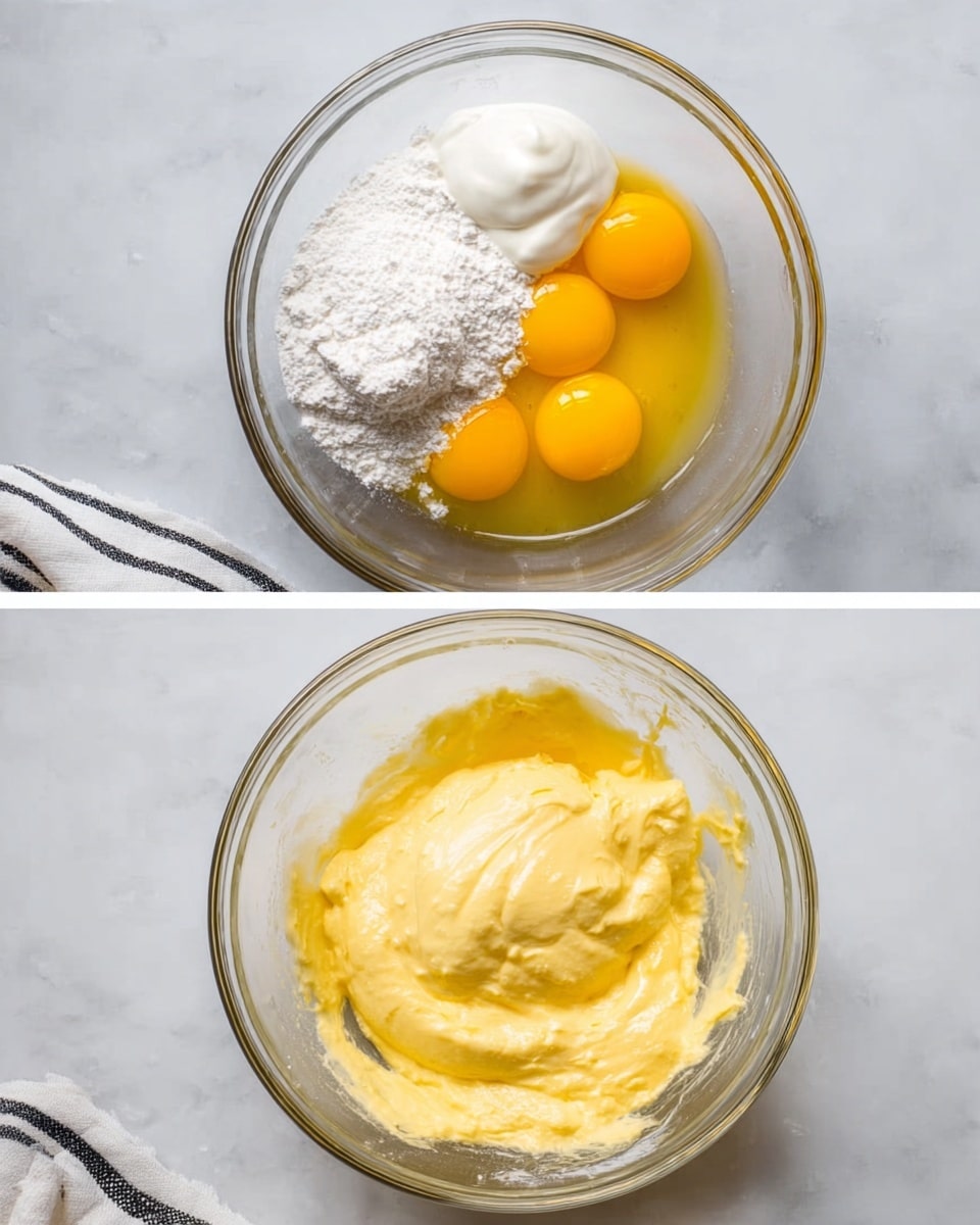 The image shows two clear glass bowls on a white marbled surface, placed side by side. The left bowl holds separate ingredients: three large bright yellow egg yolks at the bottom, surrounded by white powdery flour, and smooth white sour cream on top. The right bowl displays a thick, creamy mixture of blended yellow ingredients, with a smooth and slightly shiny texture. A white cloth with black stripes is visible at the bottom left of each bowl’s frame. Photo taken with an iphone --ar 4:5 --v 7