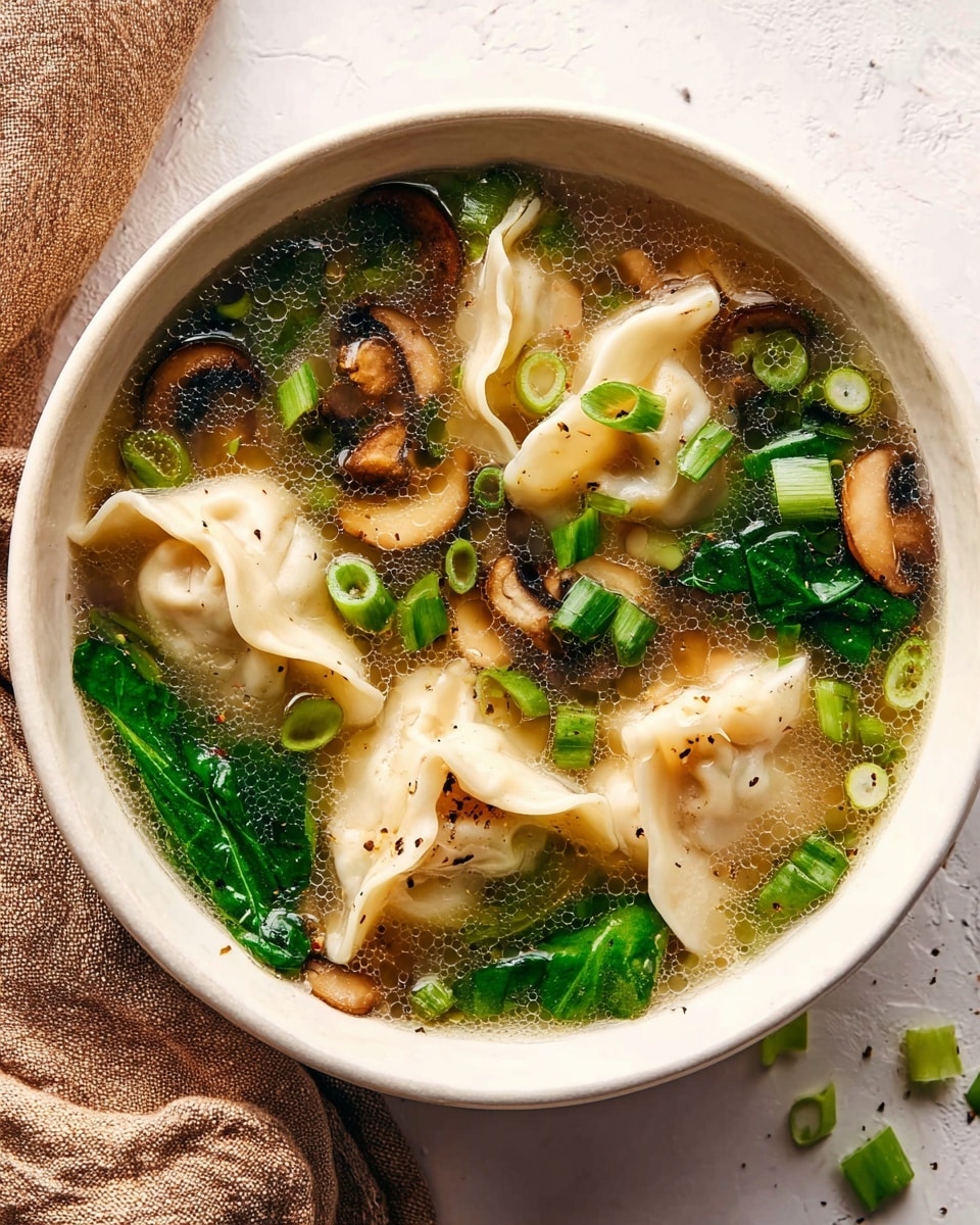 A white bowl filled with clear broth containing four light beige dumplings with delicate folded edges, scattered bright green chopped scallions, dark brown sliced mushrooms, and fresh dark green leafy vegetables. The broth has small bubbles and a sprinkle of black pepper on top. The bowl rests on a white marbled texture surface, and a soft brown cloth is partially visible near the bowl's edge. photo taken with an iphone --ar 4:5 --v 7