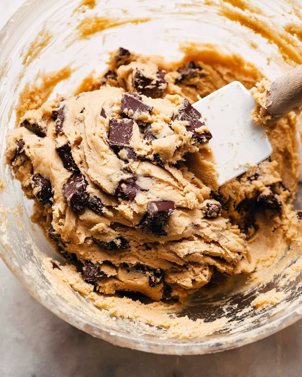 A close-up of thick cookie dough in a clear glass bowl showing rich, beige dough mixed with large, dark brown chocolate chunks. The dough has a soft, rough texture with visible folds and swirls, and a white spatula with a wooden handle is partially pressed into the dough. The bowl rests on a white marbled surface with dough bits stuck to the bowl edges, giving a fresh, homemade feeling. Photo taken with an iphone --ar 4:5 --v 7