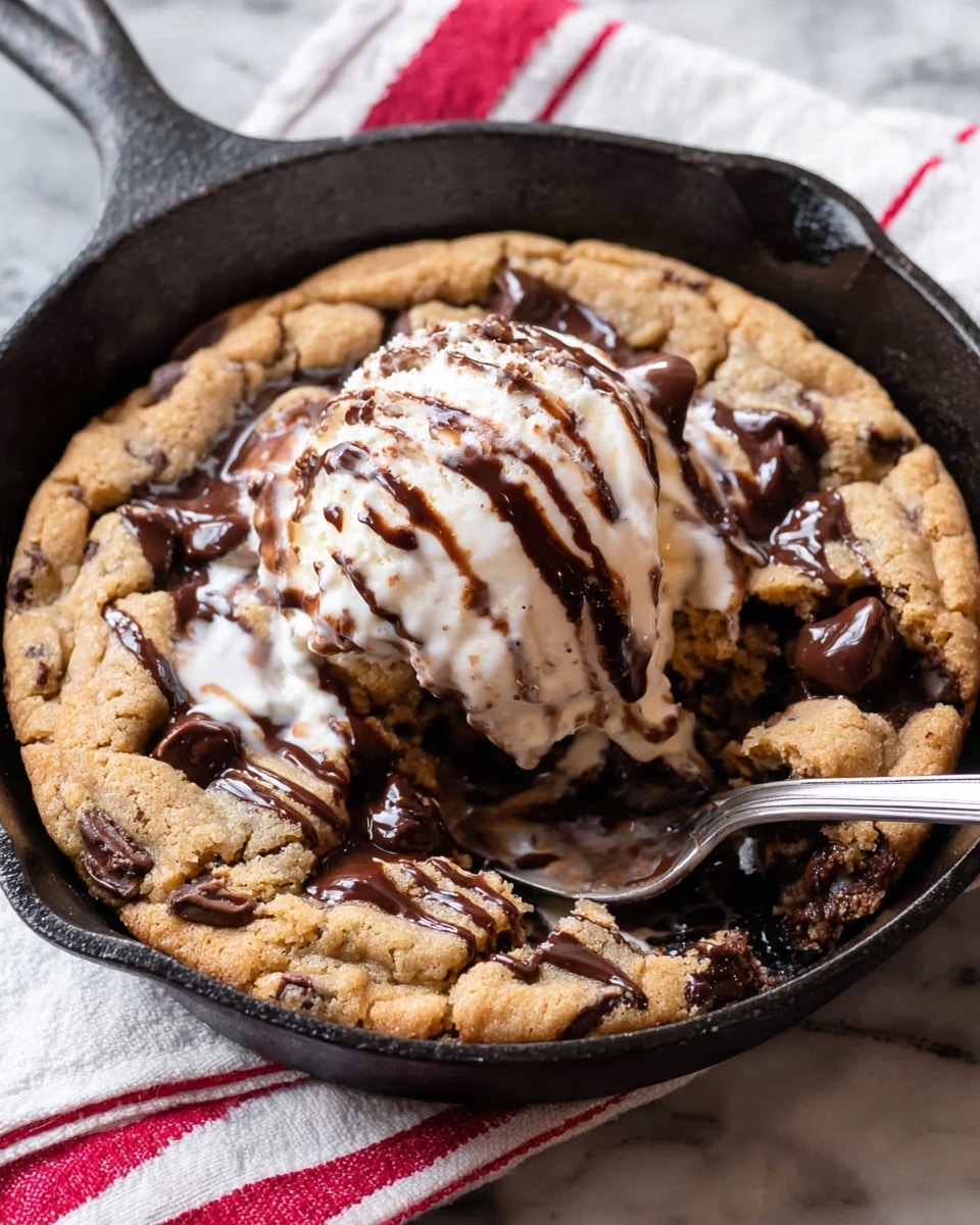 A warm, golden-brown chocolate chip cookie baked in a black cast iron skillet is shown, with a scoop of creamy white ice cream melting on top. The ice cream is drizzled with thick, dark chocolate syrup creating rich contrasting stripes. The cookie is thick with a rough, crumbly texture and visible melted chocolate chunks. A spoon is scooping into the cookie, mixing the ice cream and cookie layers, with some melted ice cream pooling around the edges. The skillet sits on a white marbled surface with a white cloth featuring red stripes partially visible underneath. Photo taken with an iphone --ar 4:5 --v 7
