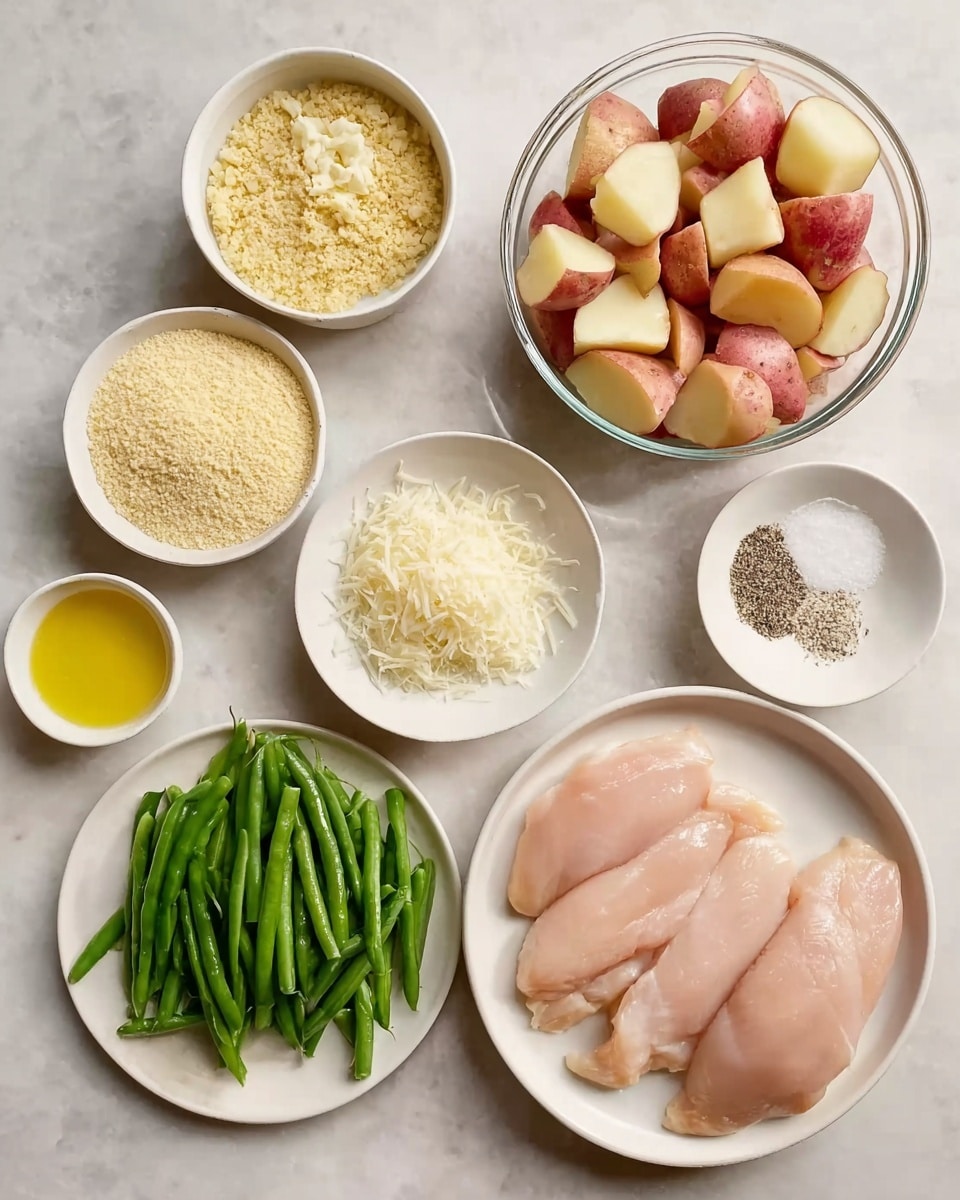 The image shows a group of seven small white bowls and plates arranged on a white marbled surface, each holding different ingredients for cooking. Starting from the top left, there is a bowl of light yellow breadcrumbs, next to it a tiny bowl with minced garlic. On the right, a large clear glass bowl filled with chopped red-skinned potatoes. Below the potatoes is a small bowl containing finely grated white cheese. To the right of that is a tiny bowl with a mix of salt and pepper. Moving left from the salt and pepper, there is a white plate with three raw, pale pink chicken breasts. On the left side below the garlic, a white plate holds a pile of fresh green beans. Finally, at the bottom left, a small white bowl contains a yellow liquid, likely oil or melted butter. Photo taken with an iphone --ar 4:5 --v 7
