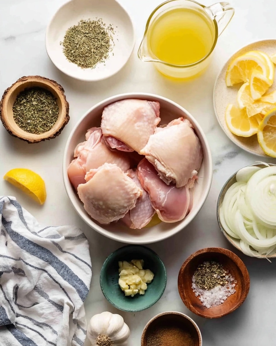 The image shows a white bowl filled with four pieces of raw light pink chicken thighs placed in the center on a white marbled surface. Around the bowl are small bowls and containers with different ingredients: light yellow lemon slices on the top right, pale yellow lemon juice in a glass pitcher on the top left, a small bowl of dark green dried herbs near the lemon slices, a white plate with thinly sliced white onions on the right, a small wooden bowl holding garlic cloves on the bottom left, a green bowl with finely chopped garlic in the middle bottom, and three small bowls with mixed spices in the center bottom the spices include coarse ground black pepper, white salt, and other dried herbs. A short lemon wedge is on the left side, and a striped white and navy blue cloth is partially visible at the bottom. Photo taken with an iphone --ar 4:5 --v 7