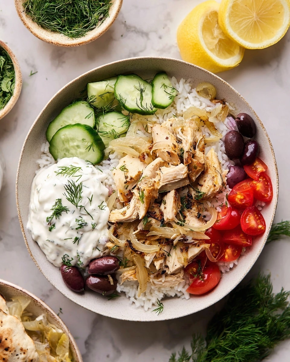 A white bowl filled with a base layer of white rice, topped with shredded light brown cooked chicken pieces mixed with translucent sautéed onions sprinkled with herbs. On one side, a scoop of creamy white sauce with small green herb flecks sits on the rice, decorated with dill leaves. Around the edges, there are bright red diced tomatoes, dark purple olives, and fresh green cucumber slices with dill scattered over them. The bowl sits on a white marbled surface with lemon slices and small bowls of herbs nearby. Photo taken with an iphone --ar 4:5 --v 7