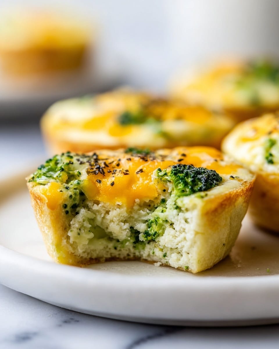 A close-up of a small, round egg muffin sitting on a white plate with a white marbled surface. The muffin has a creamy light yellow base with green broccoli pieces mixed inside. The top layer is a slightly browned golden yellow cheese melted over the egg, with black pepper sprinkled on top. One side of the muffin has a bite taken out, revealing the fluffy, moist egg and broccoli inside. More muffins with similar colors and textures are blurred in the background. Photo taken with an iphone --ar 4:5 --v 7