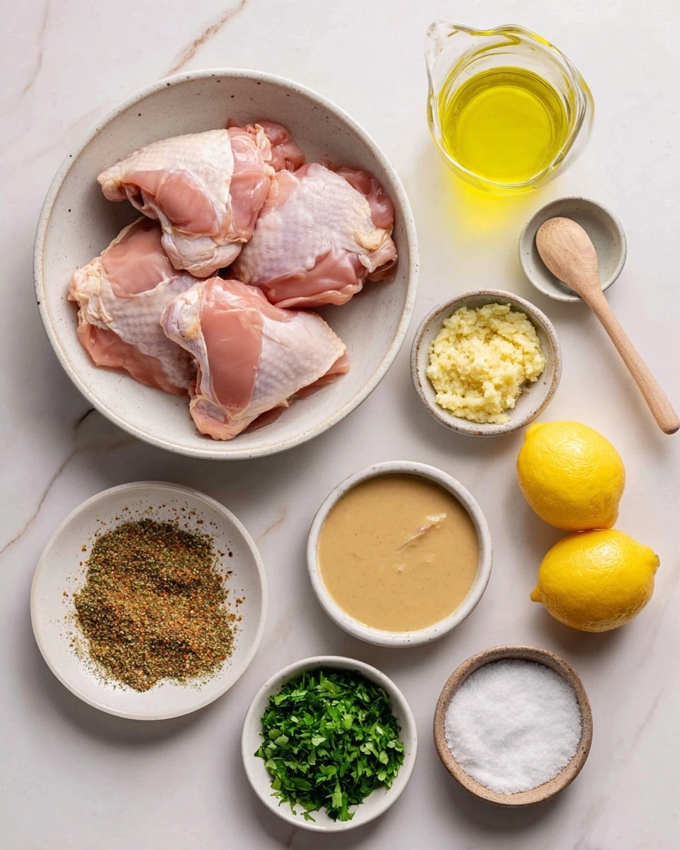 A top-down view of ingredients arranged neatly on a white marbled surface, featuring a large bowl at the center filled with four pieces of raw pink chicken thighs with white fat. Around it, there are small white bowls: one with a coarse ground spice mix in brown and green hues with a small wooden spoon resting inside, another with a smooth beige tahini sauce, one with minced garlic in yellow tones, a bowl with fresh chopped green herbs, and a small dish with white salt. Additionally, there is a clear glass container with yellow olive oil, a small glass with light yellow lemon juice, and two halved bright yellow lemons. The setup has a clean and organized feel, photo taken with an iphone --ar 4:5 --v 7