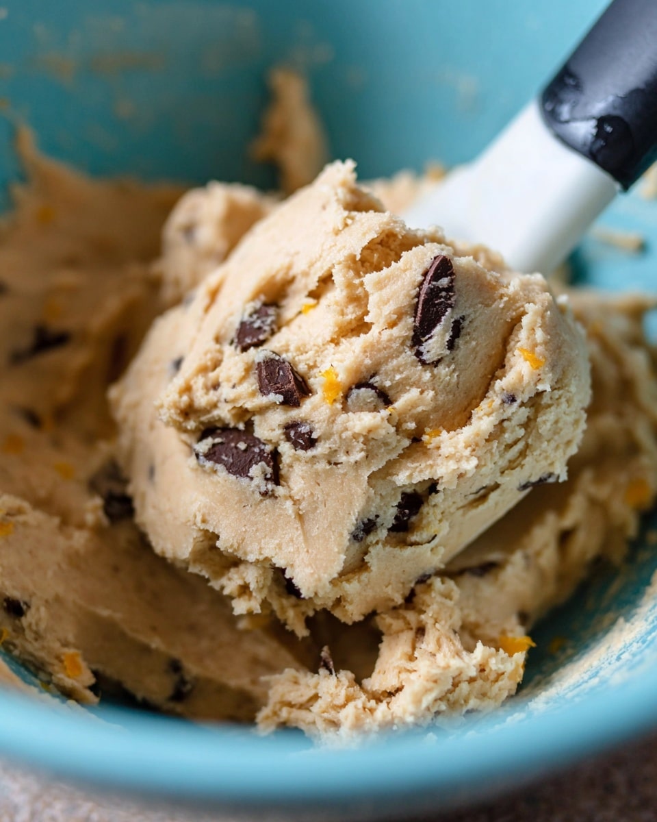 A close-up image showing thick, creamy cookie dough mixed with dark chocolate chunks in a light blue bowl. The dough is light beige and has a smooth texture with visible bits of orange zest scattered throughout. A white spatula with a black handle is partially stuck into the dough, lifting some of it. The background is slightly out of focus with a soft bokeh effect. photo taken with an iphone --ar 4:5 --v 7