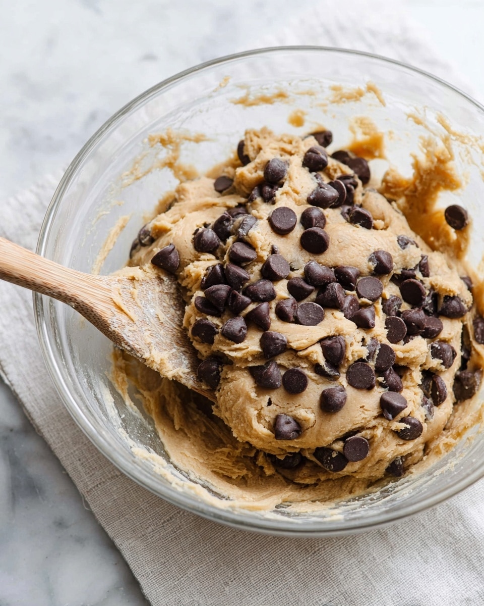 A clear glass bowl contains thick, light brown cookie dough with many dark brown chocolate chips sitting on top and mixed inside. A light wooden spatula is partially submerged in the dough on the left side, with some dough clinging to it. The bowl rests on a white marbled surface with a light-colored cloth underneath. The dough looks soft and sticky with smooth and rough spots where the chocolate chips sit. Photo taken with an iphone --ar 4:5 --v 7