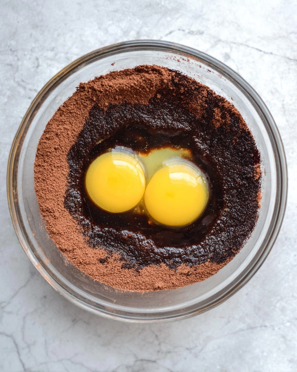 A clear glass bowl sits on a white marbled surface, holding a mix of dark brown powder spread in a ring around the edge. Inside the ring, there is a shiny liquid layer of dark brown color. Two bright yellow egg yolks with translucent whites rest on top of the liquid, centered side by side. The contrast of the rich dark brown powder and liquid with the vivid yellow eggs creates a striking visual in this simple mixing bowl photo taken with an iphone --ar 4:5 --v 7