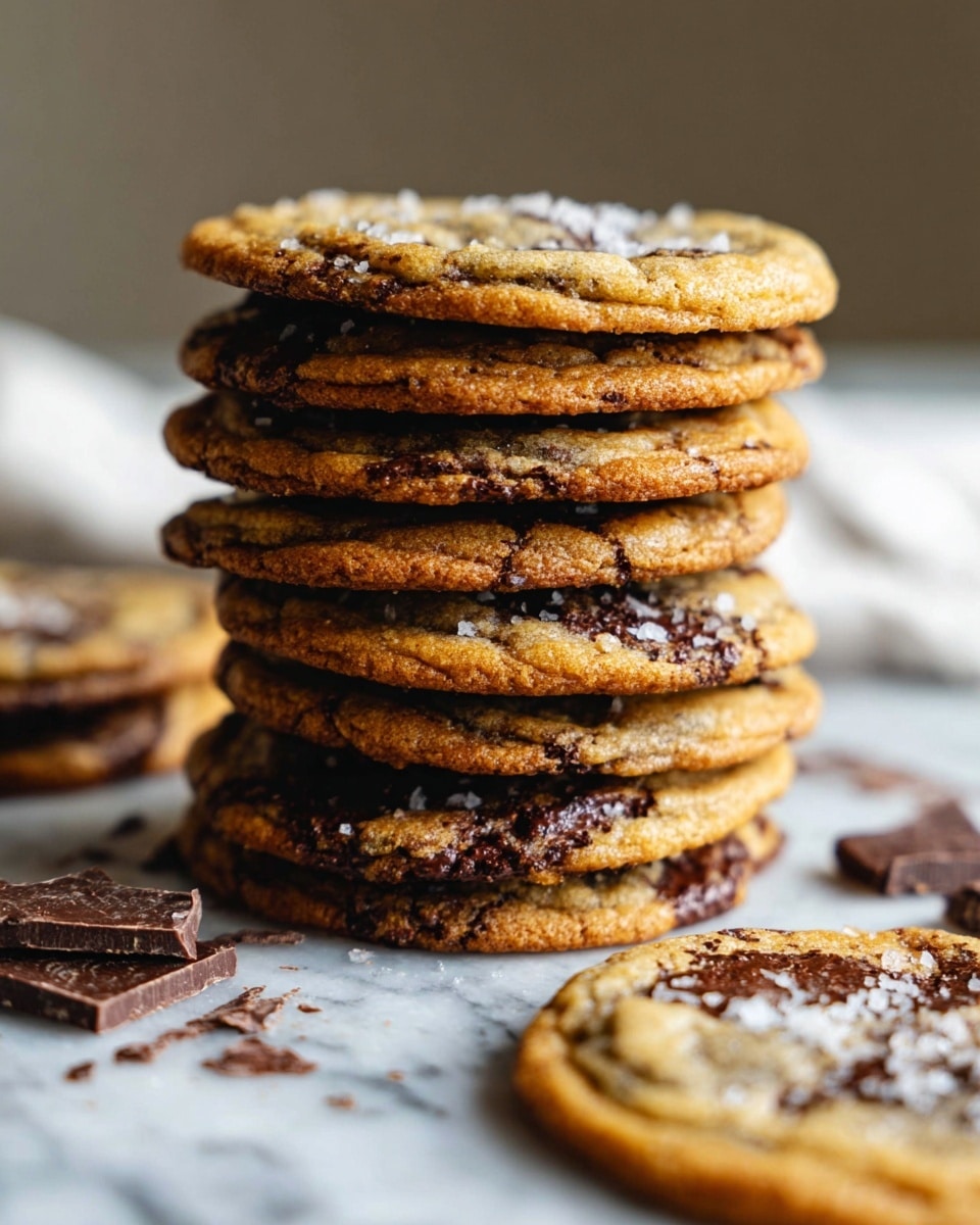 A tall stack of ten golden brown cookies sits on a white marbled surface, each cookie showing a slightly uneven edge with visible dark chocolate chunks spread through the dough, creating a rich marbled texture. The top cookie has a light sprinkling of white salt crystals that add a bit of shine and contrast. In the foreground, there is one more cookie lying flat, partly blurred, with similar chocolate patches and salt on top. Around the stack, a few broken pieces of dark chocolate are scattered. photo taken with an iphone --ar 4:5 --v 7