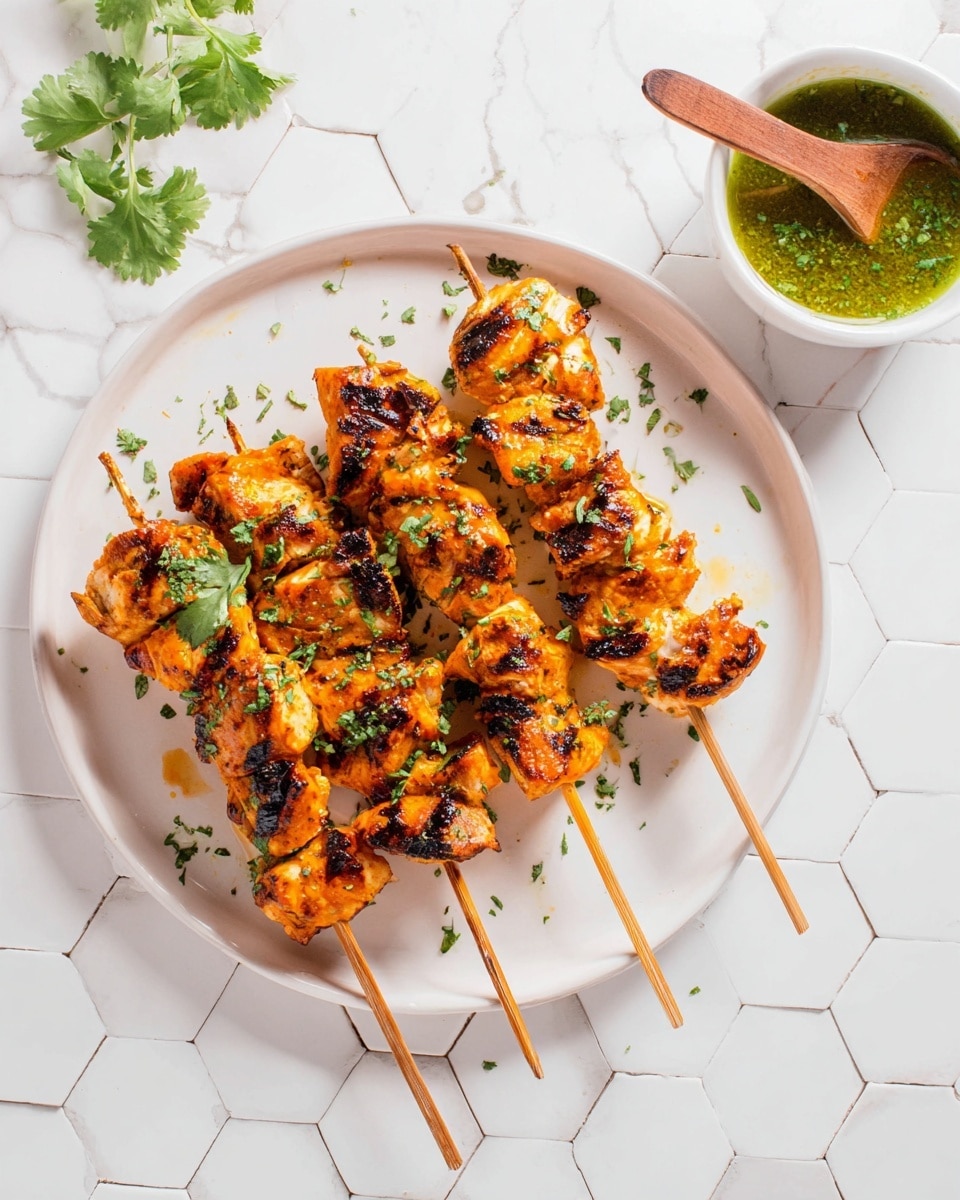 A white plate holds five wooden skewers with grilled chicken pieces that are orange with charred grill marks and some green herbs scattered on top. The chicken looks juicy and seasoned, with a few pieces of cilantro resting among the skewers. To the right of the plate is a small white bowl filled with green sauce, with a wooden spoon dipped in it. The whole scene sits on a white marbled hexagonal tile surface, with a piece of cilantro off to the side. The lighting is bright and natural, showing the texture and color details clearly photo taken with an iphone --ar 4:5 --v 7