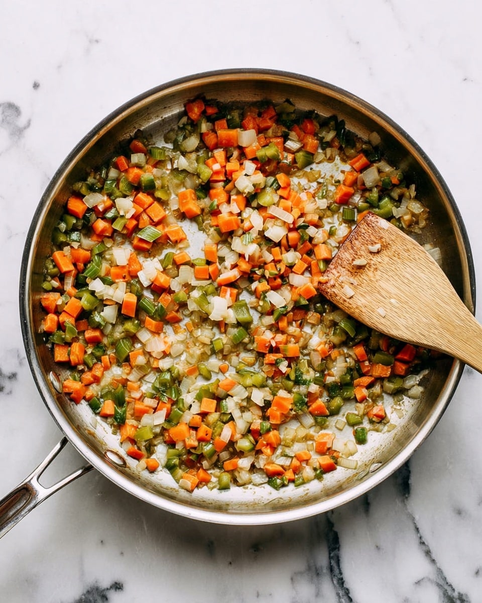 A round stainless steel pan sits on a white marbled surface with sautéed diced vegetables inside. The vegetables include small cubes of orange carrots, green bell peppers, and white onions, evenly mixed and slightly browned from cooking. A wooden spatula with a smooth handle rests next to the pan on the surface. The pan handle faces left, and the colors of the vegetables create a bright mix against the shiny metal background. Photo taken with an iphone --ar 4:5 --v 7