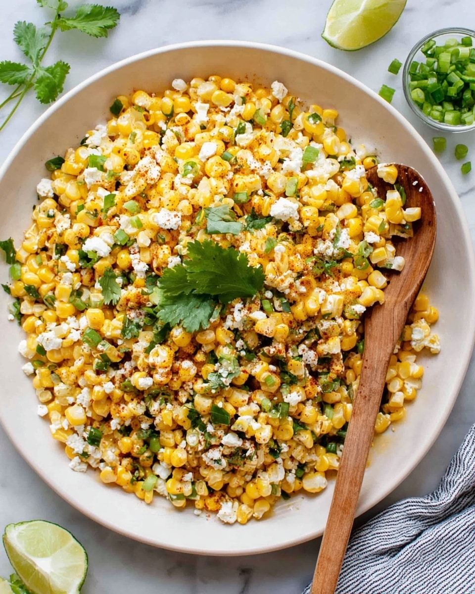 A white plate filled with a colorful salad made of three main layers: bright yellow corn kernels, white crumbly cheese sprinkled evenly, and small green onion pieces mixed throughout. There are a few whole cilantro leaves placed on top for garnish. A wooden spoon rests inside the plate, partially covered by the salad. The plate is set on a white marbled surface with some chopped green onions, cilantro, and a slice of lime near it. Photo taken with an iphone --ar 4:5 --v 7