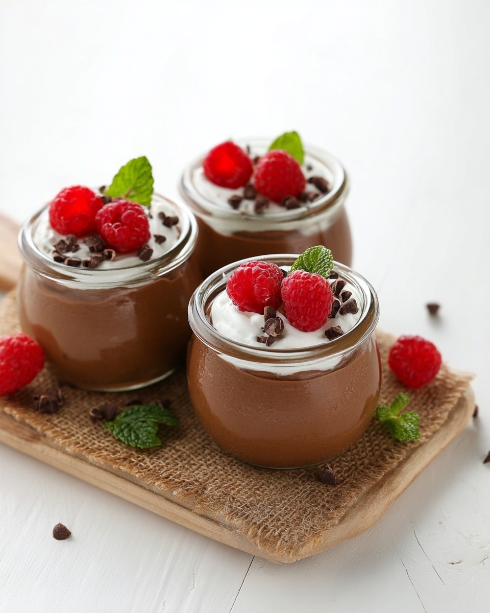 Three small clear glass jars filled with a smooth, rich brown chocolate mousse sit closely together on a piece of rough brown burlap atop a light wooden board. Each jar features a layer of white cream on top, slightly uneven with soft peaks, garnished with two bright red raspberries and small dark brown chocolate bits, along with a single fresh green mint leaf placed near the berries. Around the jars, a few loose raspberries, mint leaves, and chocolate bits are scattered on a white marbled surface that fills the background. The image is bright and clean, focusing on the jars and their contents with soft natural lighting. Photo taken with an iphone --ar 4:5 --v 7