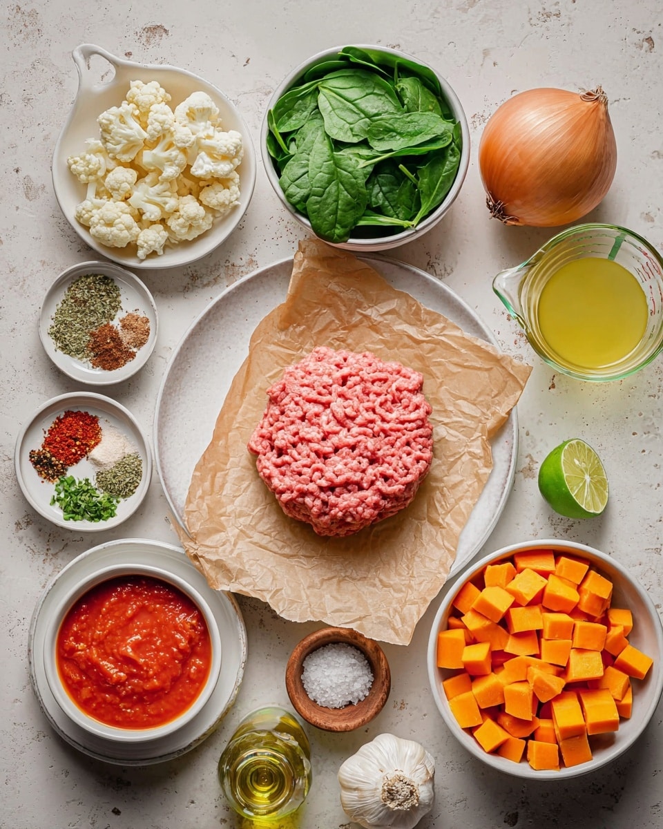The image shows an arrangement of ingredients on a white marbled surface, with a central piece of pink ground meat sitting on crumpled brown parchment paper placed on a white plate. Surrounding this are various ingredients: at the top middle, a white bowl filled with bright green spinach leaves; to the right, a clear measuring cup with light yellow broth and a whole brown onion beside it; below that, a white bowl containing small white cauliflower pieces; next to it, a larger white bowl filled with orange diced sweet potatoes; at the bottom left, a white bowl with red tomato sauce and a smaller white bowl with chopped green peppers; near the center left, a small round plate with different colorful spices, a half green lime, and a bottle of clear olive oil; a small wooden bowl with coarse salt sits near the middle bottom; and finally, a whole bulb of garlic is placed at the bottom right. All items are neatly spaced and brightly lit, emphasizing their fresh, natural textures and distinct colors. photo taken with an iphone --ar 4:5 --v 7