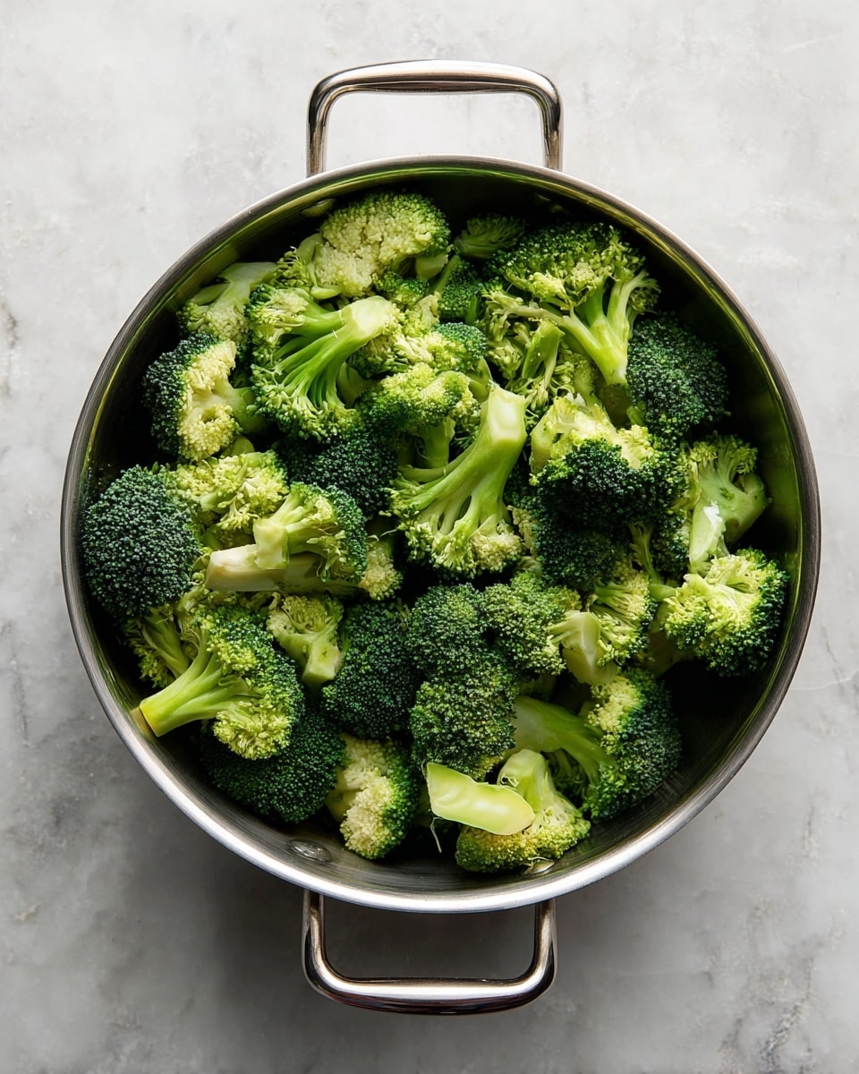 A round stainless steel pan filled with many pieces of fresh broccoli, showing different shades of green from light green stems to dark green florets with a bumpy texture. The pan has two handles on each side and is placed on a white marbled surface, visible around the edges of the pan. photo taken with an iphone --ar 4:5 --v 7