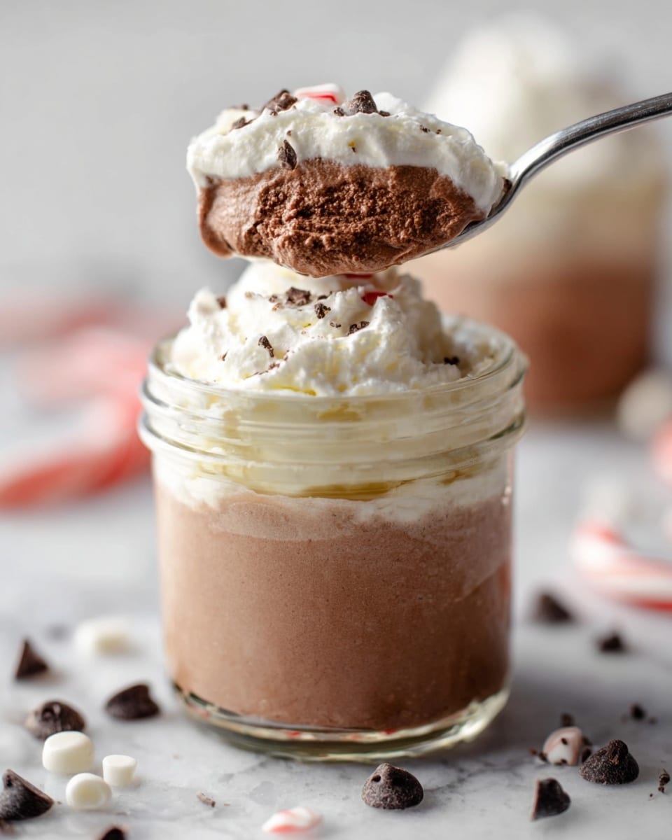 The image shows a small glass jar filled with three main layers. The bottom layer is light brown and smooth, with a creamy texture. The middle layer is thick and darker brown, looking like mousse. On top is a soft and fluffy white layer of whipped cream with light swirls. A spoon holds a scoop of the mousse and cream above the jar, showing the mousse’s airy texture and the whipped cream's soft peaks. The jar is on a white marbled surface scattered with tiny dark brown chips and a bit of red and white candy cane. Photo taken with an iphone --ar 4:5 --v 7