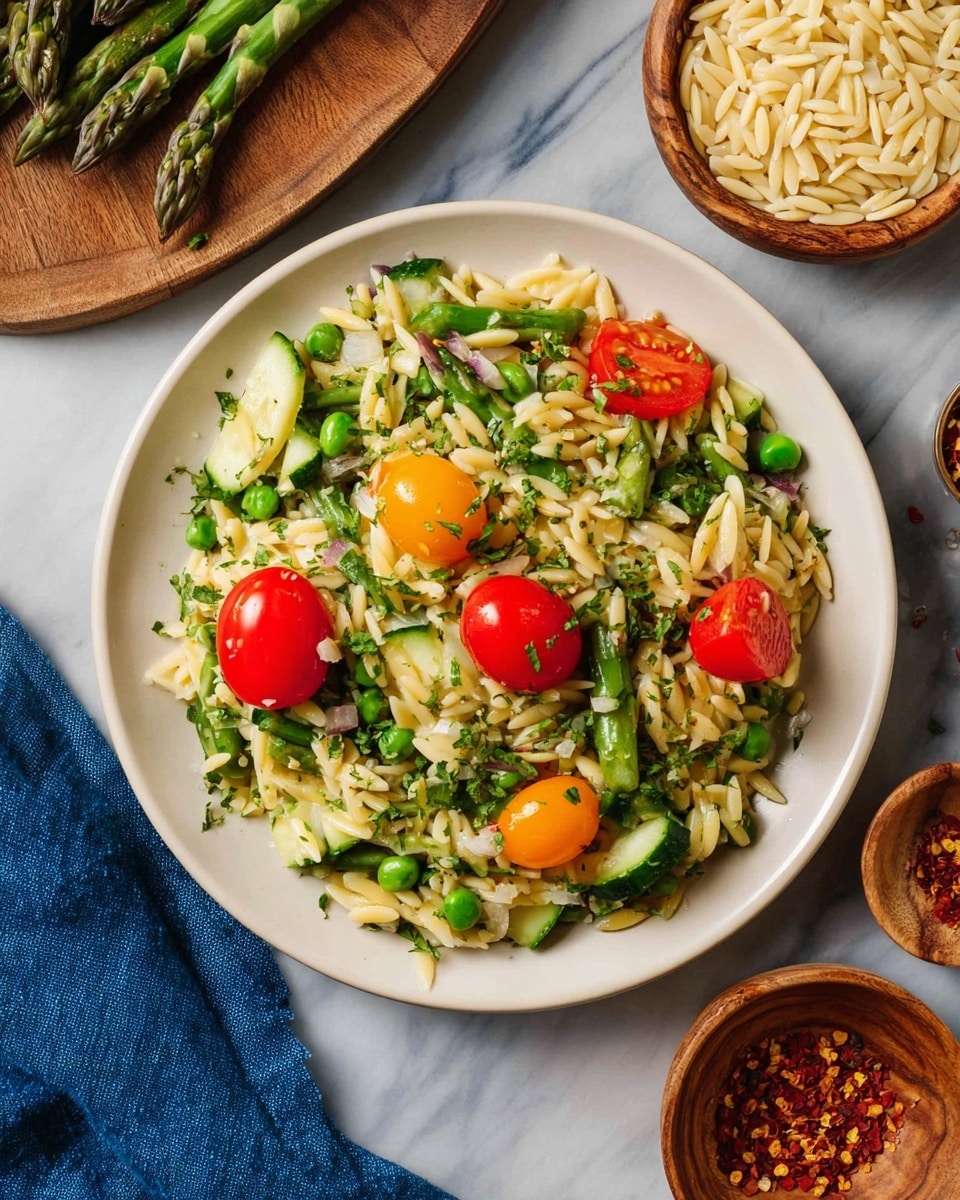 A white plate holds a colorful orzo pasta salad with three bright red cherry tomatoes and two orange cherry tomatoes evenly placed on top. The salad has light yellow orzo mixed with green peas, sliced asparagus, and thin slices of cucumber, all sprinkled with finely chopped green herbs and small pieces of white onion. The ingredients show fresh textures, with the vibrant vegetables contrasting against the creamy orzo. The scene has a white marbled background, with small wooden bowls nearby one with raw orzo and the other with crushed red pepper flakes. A blue cloth is partially visible at the bottom left of the image. Photo taken with an iphone --ar 4:5 --v 7