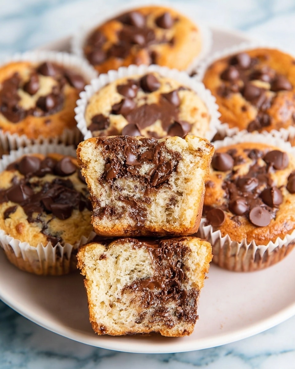 A white round plate filled with golden brown muffins topped with melted dark chocolate chips, each muffin wrapped in white paper liners. In the center, two muffin halves are stacked, showing a soft, moist inside with lots of melted dark chocolate chunks spread throughout the light beige batter. The plate is placed on a white marbled surface. photo taken with an iphone --ar 4:5 --v 7