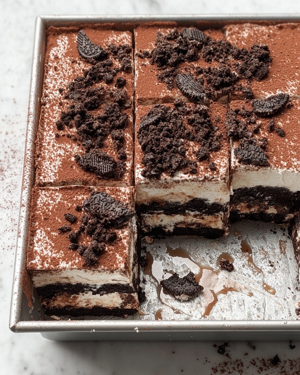 The image shows a rectangular chocolate cake with three visible layers in a metal baking pan. The bottom layer is dark, moist chocolate cake. The middle layer is creamy and white, evenly spread above the cake. The top layer is a mix of light brown cocoa powder dusted all over and crushed dark chocolate cookie pieces scattered on top. The cake is cut into square pieces, with one square missing from the front right corner, revealing the layers clearly. The metal baking pan has some crumbs and syrup drops inside. The background is a white marbled texture. photo taken with an iphone --ar 4:5 --v 7