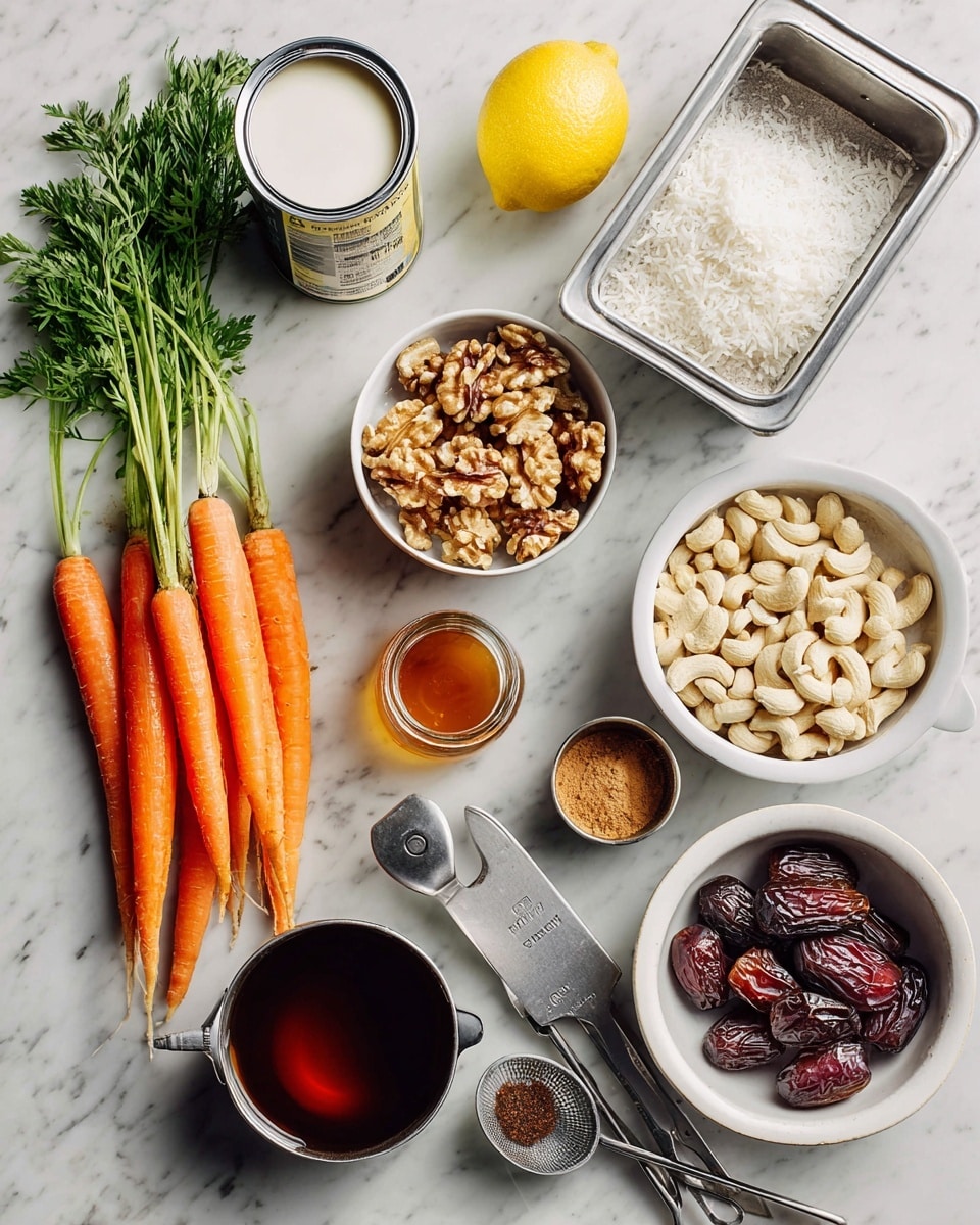 A white marbled surface holds a cluster of fresh carrots with bright orange roots and green leafy tops on the left side. Nearby, a whole yellow lemon sits above an opened can of creamy white coconut milk. In the center, a white bowl is filled with light brown walnut halves, and next to it, another white bowl holds a heap of fine white shredded coconut. A metal baking pan is positioned at the top right corner. Below the walnuts, a small glass jar contains amber honey, and a small glass jar of ground cinnamon is beside it. A metal measuring cup filled with creamy cashews sits next to a metal vegetable peeler. On the bottom left, a white bowl holds a dark brown liquid, likely vanilla or syrup. To the right, a set of metal measuring spoons rests on the surface with one containing a dark brown spice, possibly ground ginger or cinnamon. A white bowl to the bottom right is full of large, dark reddish-brown dates. photo taken with an iphone --ar 4:5 --v 7