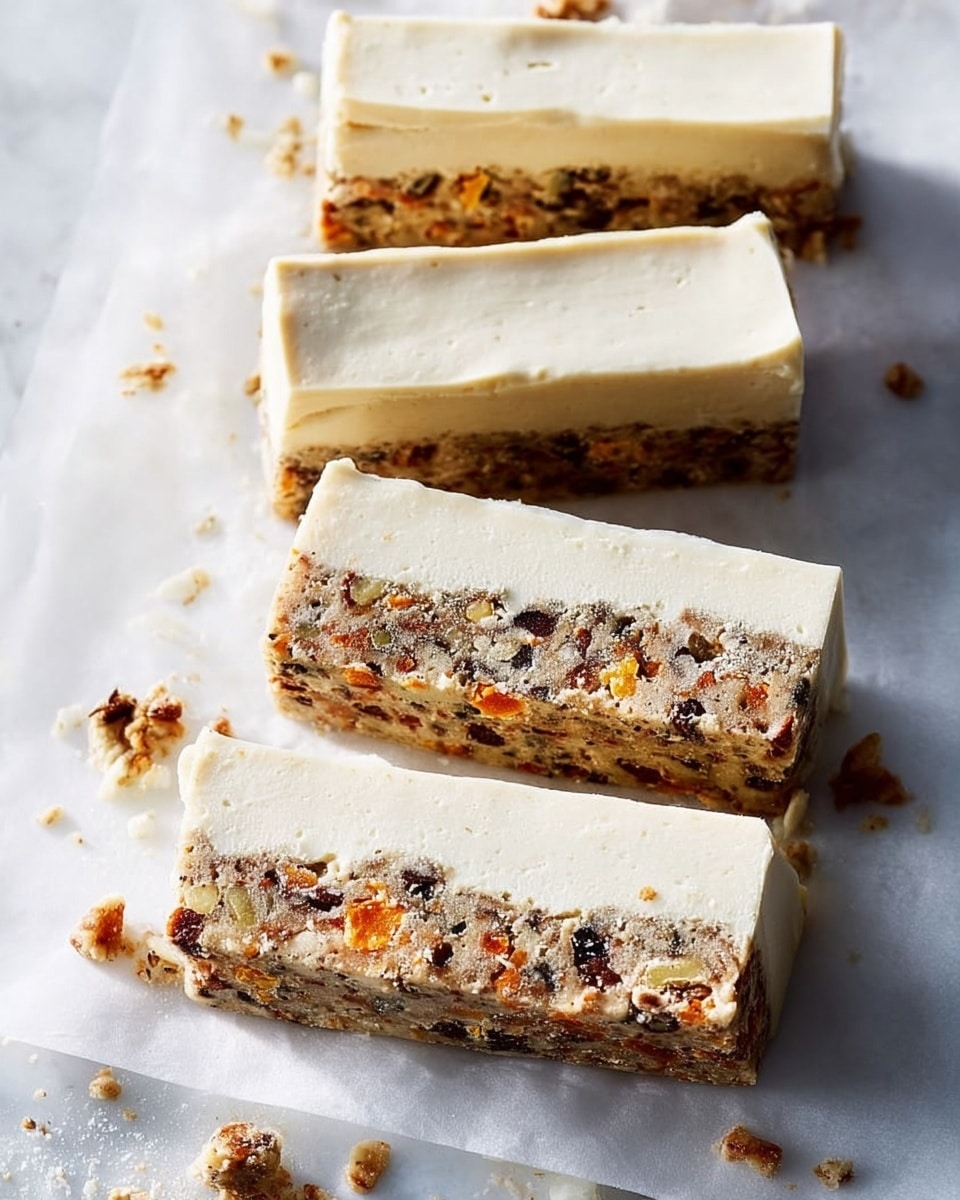 The image shows five rectangular bars with two clear layers, placed on a white marbled surface covered with white parchment paper. The bottom layer is thick, rough, and textured with mixed colors of brown, orange, and dark specks, appearing dense and crumbly with visible small chunks throughout. The top layer is thick and smooth, creamy white with a subtle, soft texture and slightly uneven edges, forming a stark contrast with the bottom. Crumbs from the bars are scattered around them, adding a natural and casual look. Photo taken with an iphone --ar 4:5 --v 7