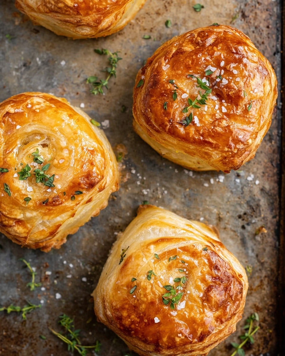 The image shows four golden brown pastries with a shiny, flaky crust topped with small green herb leaves and coarse salt flakes. Each pastry has a round shape with uneven folded layers, giving a textured and crispy look. The pastries are placed closely together on a worn baking tray with a rough and slightly stained surface. The top layer of the pastry has a deep golden hue with some darker spots, while the lower layers are lighter and soft-looking. Some tiny fresh herbs are scattered around the pastries on the tray. photo taken with an iphone --ar 4:5 --v 7