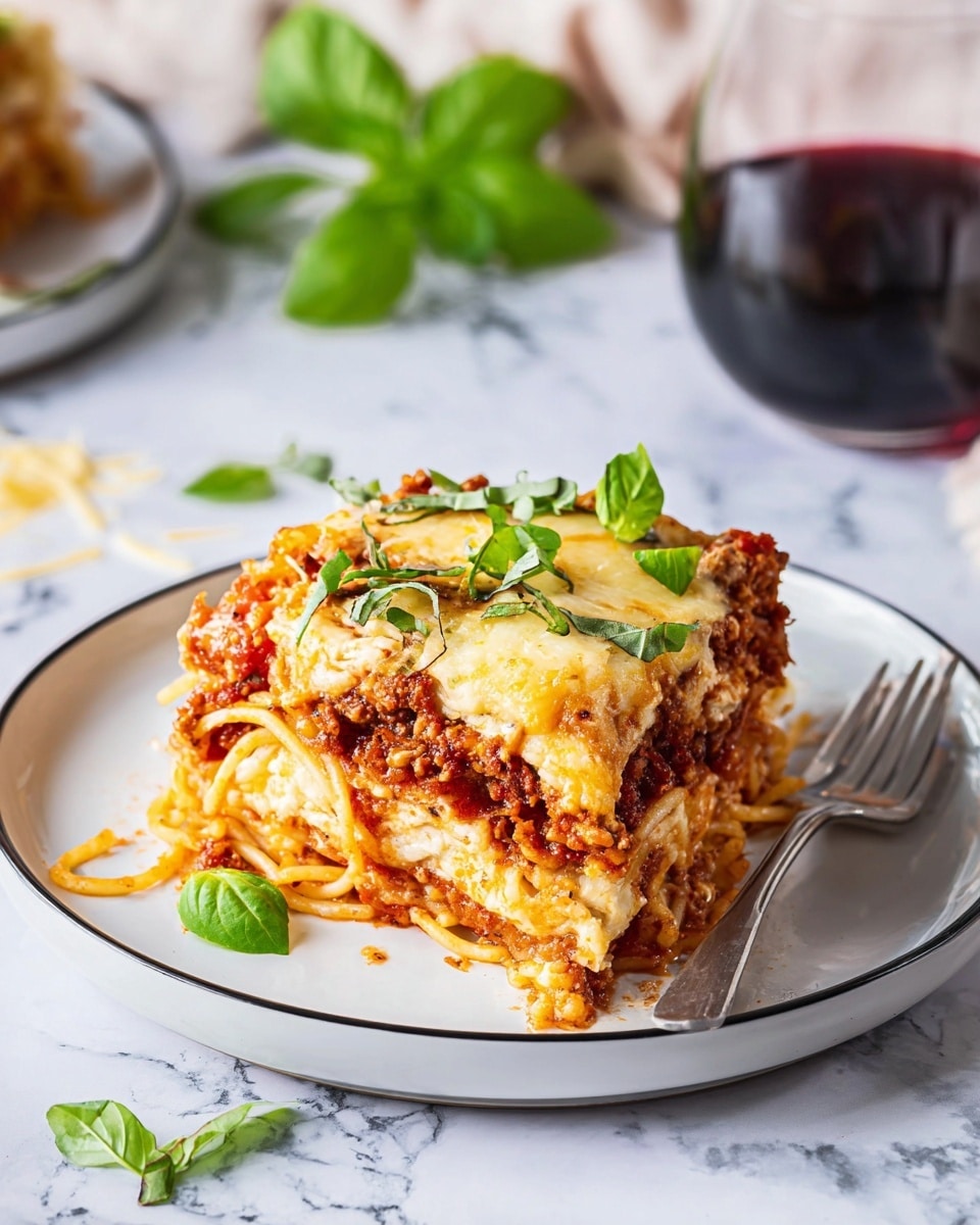 The image shows a layered slice of spaghetti pie on a white plate with a thin black rim. The dish has several layers starting from the bottom with a mix of cooked spaghetti and a meat tomato sauce, followed by a creamy cheese layer, then another layer of spaghetti with tomato chunks and meat sauce, topped with melted golden cheese that has a slightly browned edge. Fresh green basil leaves are placed on top and around the plate for decoration. A silver fork rests on the right side of the plate, and in the background, there is a glass of red wine and some blurred green basil leaves on a white marbled surface. photo taken with an iphone --ar 4:5 --v 7
