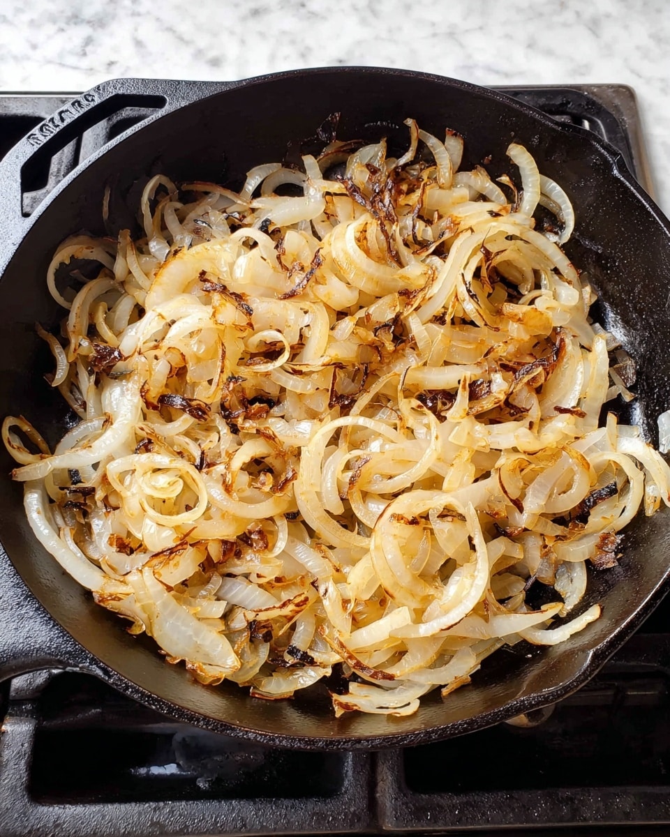 A black cast iron skillet filled with one layer of caramelized onions, cooked to a light golden brown with some darker brown edges. The onions are sliced thinly and look soft with a slight shine. The skillet is sitting on a stove burner with visible black grates around it, and the background surface is a white marbled texture. Photo taken with an iphone --ar 4:5 --v 7