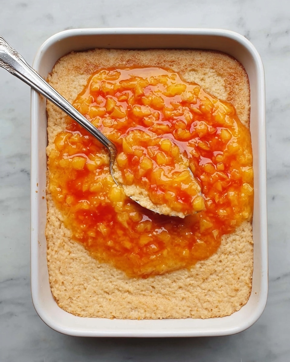 The image shows a white rectangular dish with two layers visible. The bottom layer is a light beige, thick, slightly rough base that looks like baked dough or crust. On top of this base, there is a thick bright orange layer made of small diced pieces, likely fruit, in a syrupy sauce spread mostly in the center. A silver spoon rests on the orange layer, slightly sinking into it. The dish is placed on a white marbled surface. Photo taken with an iphone --ar 4:5 --v 7