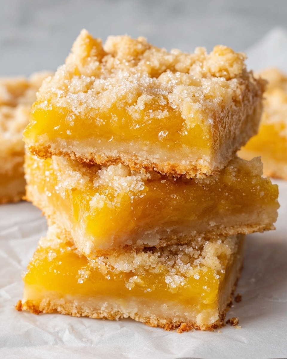 The image shows a stack of three square dessert bars with clear layers. The bottom layer is a light golden crust that looks crunchy. The middle layer is a bright yellow, thick, and jelly-like fruit filling that slightly oozes out at some edges. The top layer is a crumbly, pale golden topping with a sugar sprinkled texture. The bars are placed on white marbled paper. The photo is focused closely on the bars to show their textures and layers. photo taken with an iphone --ar 4:5 --v 7
