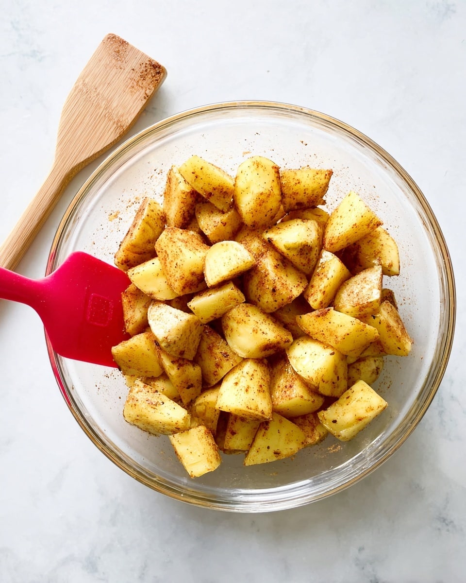 The image shows a clear glass bowl filled with light yellow potato pieces coated with a light brown spice mix, giving them a slightly speckled appearance. The potatoes are cut into medium-sized uneven chunks stacked loosely inside the bowl. Next to the bowl on a white marbled surface is a wooden spatula with a bright red silicone head, placed diagonally. The overall setting is bright with soft natural lighting highlighting the texture of the potatoes and the smooth surface of the bowl photo taken with an iphone --ar 4:5 --v 7
