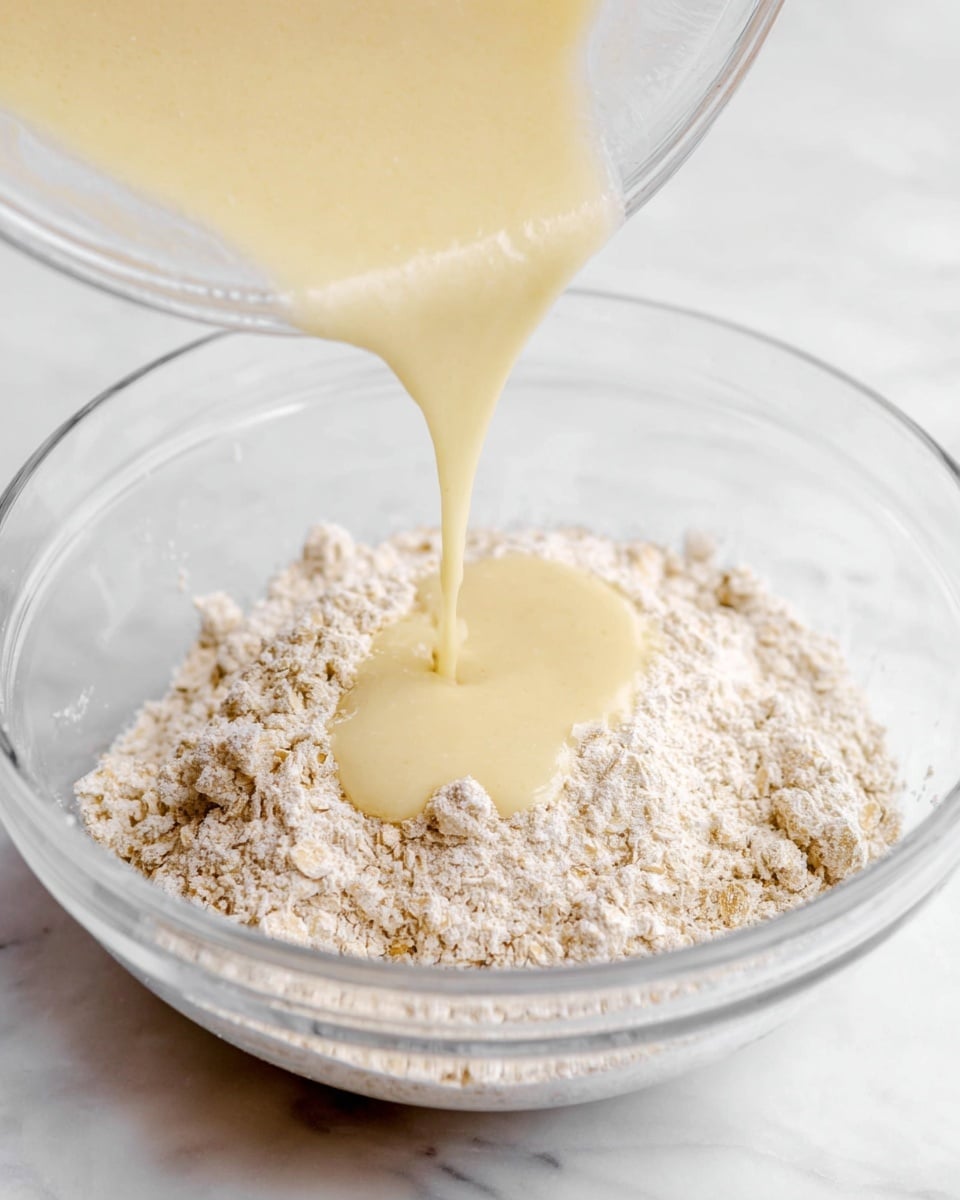 A clear glass bowl filled with dry oats and flour, light beige in color with a rough texture, is shown with a smooth, pale yellow liquid batter being poured from another clear glass bowl into the center, creating a small pool as it spreads over the dry ingredients. The scene is set on a white marbled surface, emphasizing the contrast between the dry and wet elements in the clear bowl. Photo taken with an iphone --ar 4:5 --v 7
