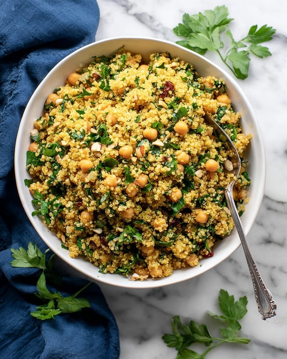 A white bowl filled with a mixed quinoa salad sitting on a white marbled surface, with a silver spoon placed inside the bowl on the right side; the salad has three main layers: the base layer is light yellow quinoa grains, mixed evenly with beige chickpeas scattered throughout, and chopped green leafy herbs are distributed all over, adding fresh green pops; small pieces of light brown nuts and tiny golden raisins are visible mixed within, giving texture contrast. A dark blue cloth is placed near the bowl on the left side, and fresh green parsley sprigs lie around the bowl on the white marble surface, adding natural freshness to the scene. photo taken with an iphone --ar 4:5 --v 7