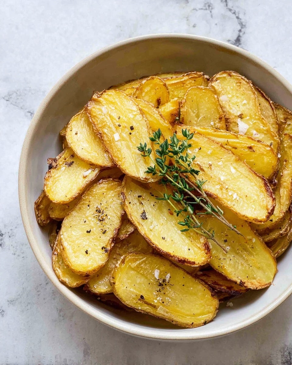 A white bowl filled with one layer of golden baked potato slices that have crispy brown edges and a soft yellow center, sprinkled with coarse salt and black pepper. Two small green thyme sprigs lay on top of the potato slices, adding a fresh touch. The bowl is placed on a surface with a white marbled texture. photo taken with an iphone --ar 4:5 --v 7