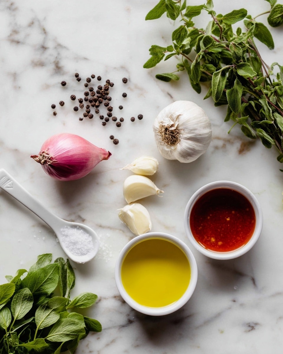 A white marbled surface holds a variety of fresh ingredients: a small pink shallot on the left, scattered black peppercorns above it, and a bunch of bright green oregano leaves slightly to the right and above the shallot. Near the center sits a bulb of white garlic with two cloves partially separated. On the right side, there are two small white bowls, the top one filled with yellow olive oil and the lower one with red vinegar or hot sauce. Below and slightly to the right of these bowls is a small white spoon containing coarse salt. In the bottom left corner, out of focus, are green leafy herbs, adding depth to the image. The scene is well-lit, clear, and sharp, showing fresh and colorful ingredients on a clean white marbled background photo taken with an iphone --ar 4:5 --v 7