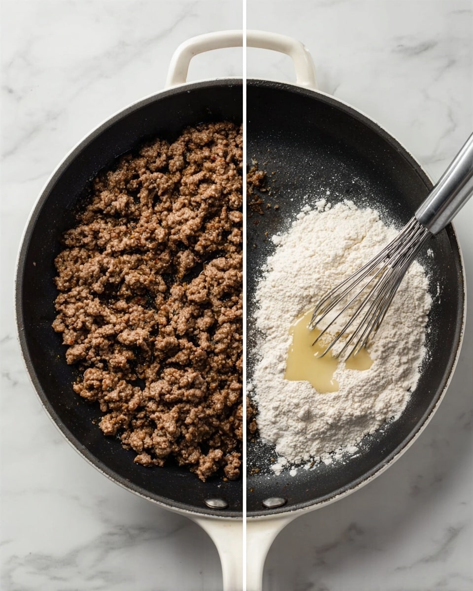 The image shows two side-by-side views of a white handle skillet on a white marbled surface. On the left, the skillet is filled with one even layer of browned cooked ground meat in light and dark brown small chunks. On the right, the skillet is empty except for a small heap of white flour and a small dollop of light yellow paste with a silver whisk resting inside, touching the flour. The skillet’s black interior contrasts with the white handle and the white marbled surface photo taken with an iphone --ar 4:5 --v 7