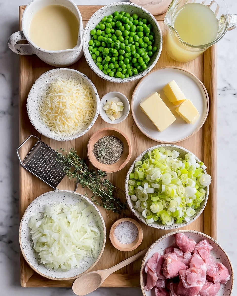 A wooden tray on a white marbled surface holds several small white bowls with black specks, each filled with different ingredients arranged neatly. The top middle bowl contains round green frozen peas. To its left is a measuring cup filled with a light cream liquid, and below that, a plate with two pats of pale yellow butter. Below the butter, shredded white cheese is scattered on a metal grater. A small bowl with chopped white onion sits in the bottom left. To the right of the peas is a small white bowl with minced garlic, and below that a small wooden bowl with coarse salt and black pepper. There's a white plate filled with chopped light green and white leeks with some thyme sprigs on top at the bottom right. A glass measuring cup with a pale yellow liquid is next to the tray on the right. Part of a white bowl with pink raw meat pieces sits at the edge of the image. A wooden spoon with a light brown paste is also on the tray near the center. Photo taken with an iphone --ar 4:5 --v 7