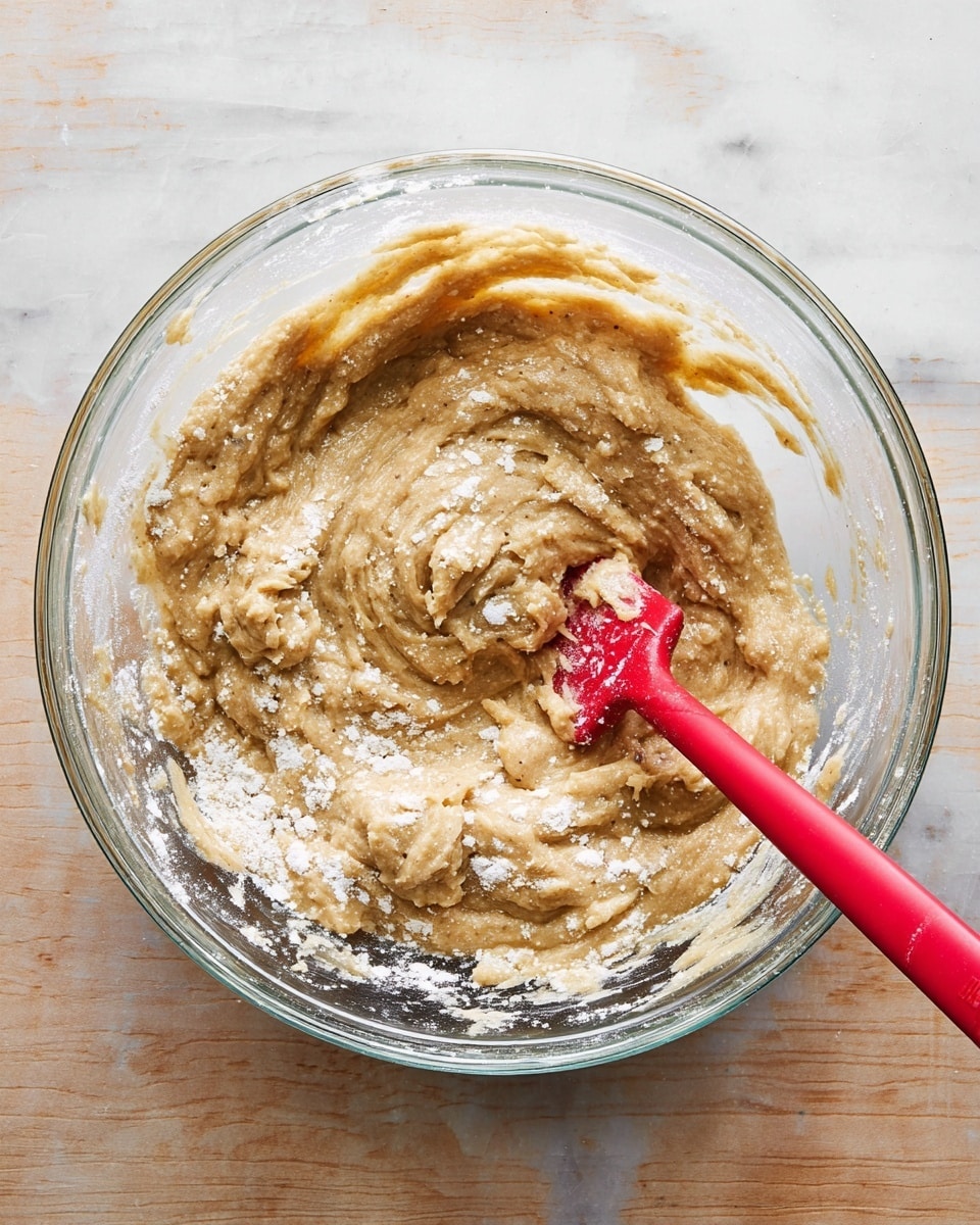 A clear glass bowl sits on a white marbled surface, filled with a thick, light brown batter mixed unevenly with visible bits of dry white flour. A red spatula rests inside the bowl, partly covered in batter, positioned slightly to the right of the center. The batter shows smooth and lumpy textures swirling around in the bowl, with some flour clinging to the edges and surface. photo taken with an iphone --ar 4:5 --v 7