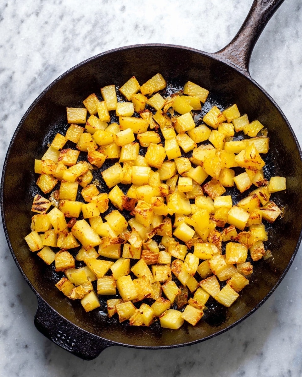 A black cast iron pan is filled with small cubes of cooked potatoes. The potatoes are golden yellow with some light brown edges, showing a slightly crisp texture. They are spread in one even layer inside the pan. The pan sits on a white marbled surface. photo taken with an iphone --ar 4:5 --v 7