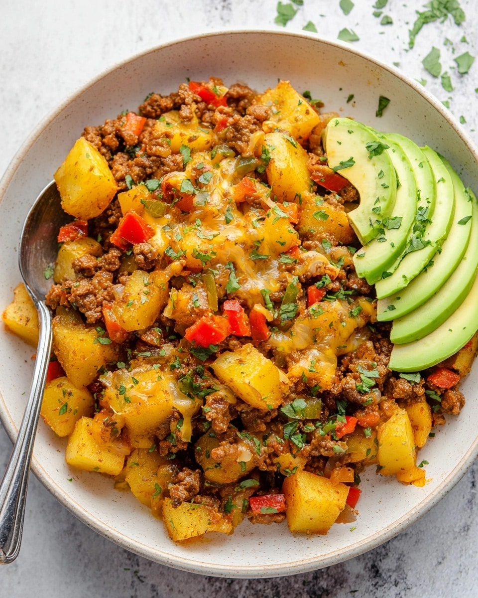 The dish is served in a white bowl filled with a mix of cooked ground meat and diced yellow potatoes with a golden texture. Scattered throughout are bright red bell pepper pieces and small bits of translucent cooked onion. There are small chunks of melted cheese blending into the mix, giving a slightly shiny look. On one side of the bowl, thin slices of fresh avocado with a smooth light green color are neatly placed, topped with some green herb leaves. The whole dish is sprinkled with chopped green herbs, adding specks of fresh color on top, and a spoon rests inside the bowl on the left. The setting has a white marbled textured surface. photo taken with an iphone --ar 4:5 --v 7