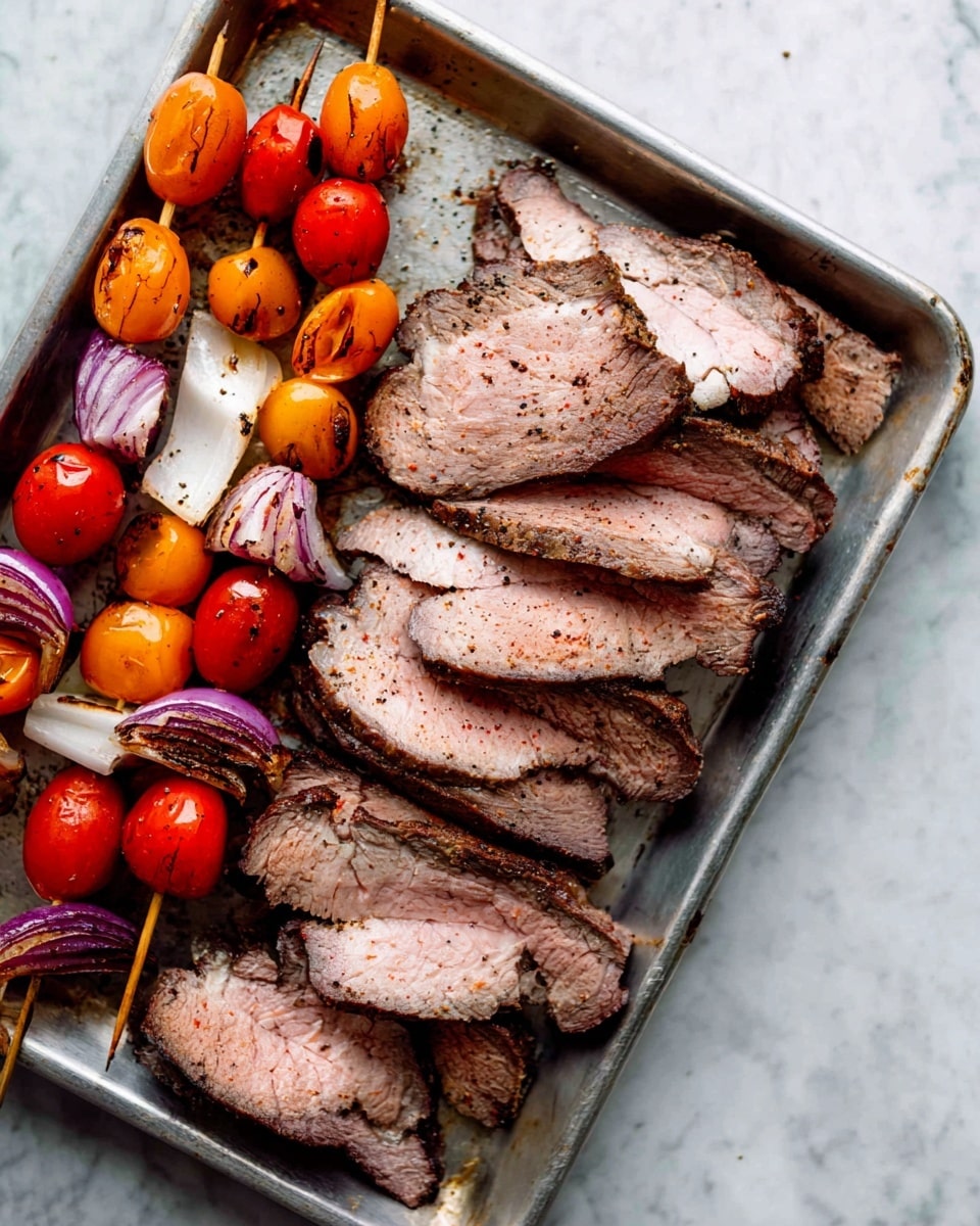 The image shows a metal tray on a white marbled surface, holding thick slices of cooked meat arranged in a slightly overlapping pile in the center and right side of the tray; the meat has a browned outer edge with a pinkish-red inside, showing a juicy texture with some black pepper seasoning. On the left and top right corners of the tray, there are three skewers with grilled vegetables including orange and red cherry tomatoes and onion pieces in white and purple shades, some of them lightly charred. The overall look is hearty and rustic with a mix of warm colors from the meat and vegetables. photo taken with an iphone --ar 4:5 --v 7