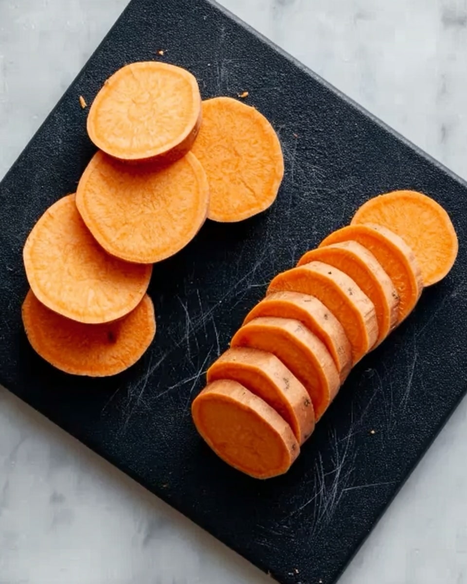 The image shows an orange sweet potato sliced in two ways on a black cutting board, which has many cuts and scratches. On the left side, there are thick round slices stacked in a small pile with a smooth inner texture visible, while on the right side, the slices are thinner, placed in a neat row showing a smooth, even surface. The background is a white marbled surface. photo taken with an iphone --ar 4:5 --v 7