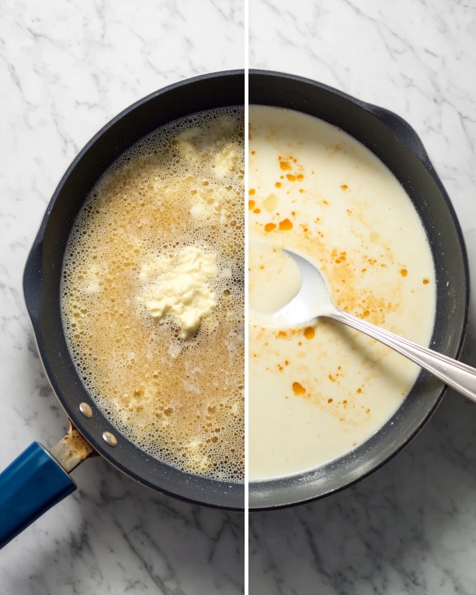 A photo showing two stages of cooking in a dark pan with a blue handle on a white marbled surface. On the left side, the pan has a bubbling light brown liquid with small clumps of a pale yellow solid in the center. On the right side, the pan contains a smooth, creamy white liquid with orange droplets scattered on top, and a white spoon resting diagonally inside the pan. Photo taken with an iphone --ar 4:5 --v 7
