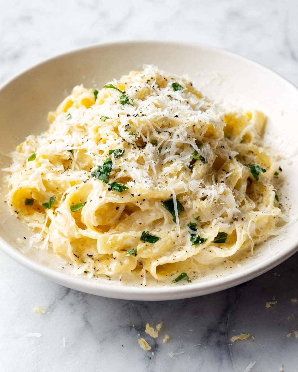 A white bowl holds a creamy pasta dish with about three layers of thick fettuccine noodles coated in a smooth, pale yellow sauce. On top, a generous layer of finely grated white cheese covers the noodles, with small green herb pieces scattered throughout, adding color contrast. The bowl sits on a white marbled surface with a few tiny bits of cheese and herbs around it. Photo taken with an iphone --ar 4:5 --v 7