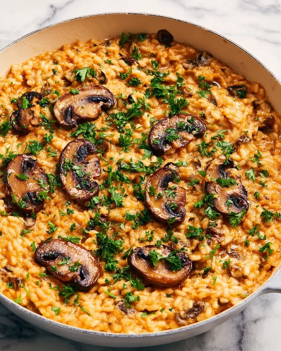 A close-up view of a creamy risotto dish in a white pan, showing a single layer of orange-colored rice mixed with small green herbs spread evenly throughout. Slices of brown mushrooms with a soft texture are scattered on top, creating a natural pattern against the rice. The dish is garnished with chopped fresh parsley, adding a touch of green brightness. The pan rests on a white marbled surface. photo taken with an iphone --ar 4:5 --v 7