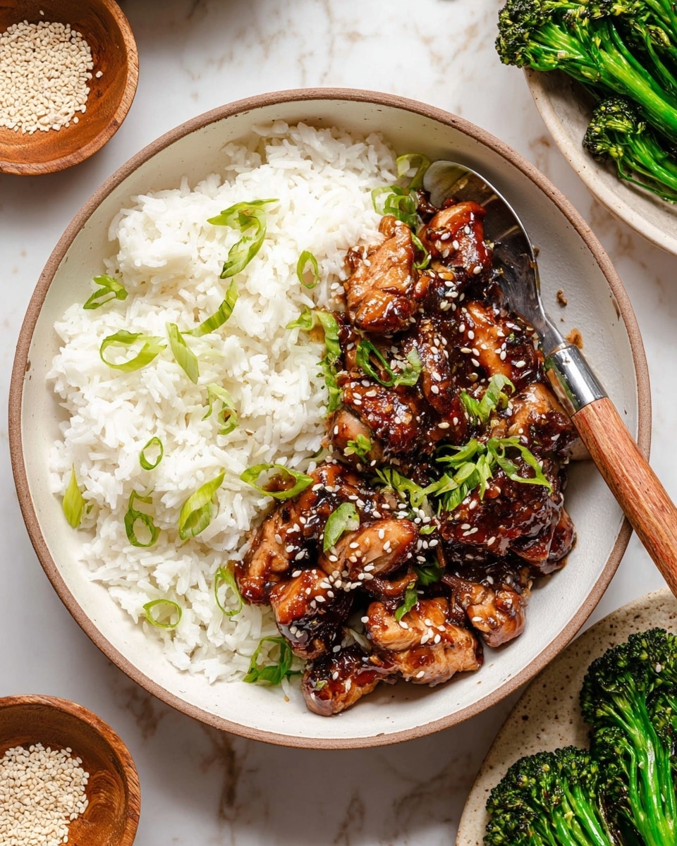 The dish shows a white bowl filled with two main layers: on the left side, fluffy white rice garnished with small green sliced scallions; on the right side, shiny chunks of grilled chicken with a dark brown, glossy sauce, sprinkled with white sesame seeds and more sliced scallions. A silver fork with a wooden handle rests inside the bowl on the right. Around the bowl, there are small wooden bowls with sesame seeds and greens, and a plate of green broccolini on a white marbled surface. photo taken with an iphone --ar 4:5 --v 7