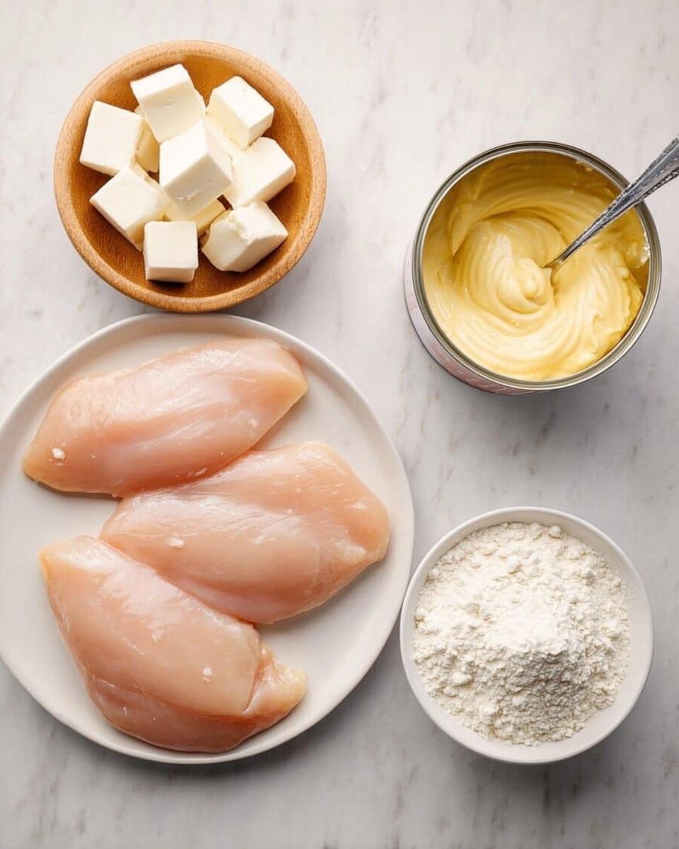 The image shows four raw chicken fillets placed on a white plate on the bottom left, with a smooth light pink color and slight moisture on the surface. To the top right of the plate, there is a small wooden bowl with white cubes of butter. Below the wooden bowl, there is a white bowl filled with white flour, showing a slightly powdery texture. On the far right, near the top, is an open can with a spoon inside, containing thick yellow mayonnaise. All items sit on a white marbled surface. Photo taken with an iphone --ar 4:5 --v 7