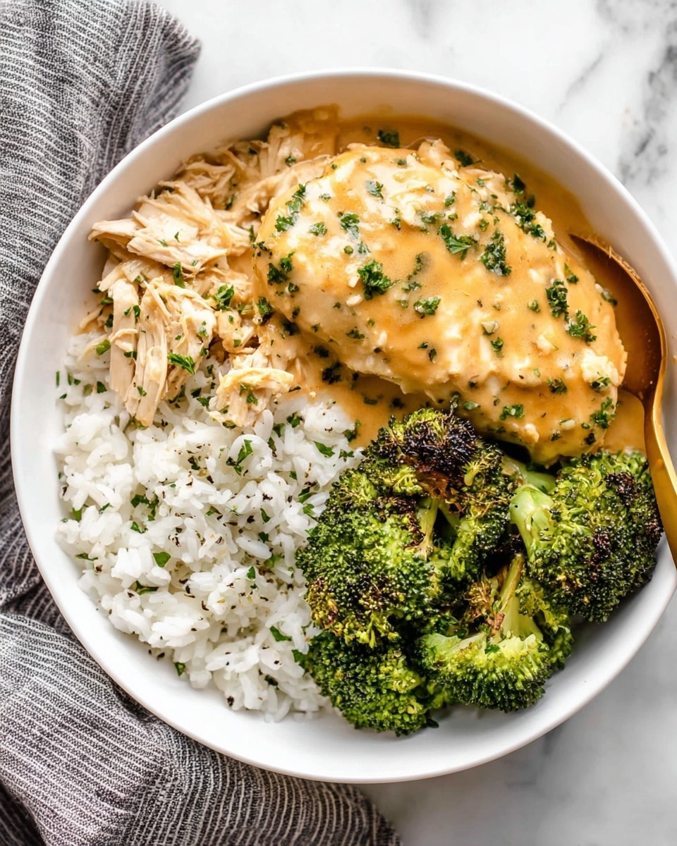A white bowl on a white marbled surface holds a meal made of three parts: on the bottom, a layer of white rice speckled with small green herb pieces and black pepper; on the left side, shredded light beige chicken covered with a smooth light brown sauce sprinkled with green herbs; above the shredded chicken, a whole piece of chicken covered in the same sauce with visible herbs; on the right side, bright green roasted broccoli with some charred edges. A gold spoon is partially visible in the rice on the right side of the bowl, and a gray-striped cloth is on the bottom left of the image. Photo taken with an iphone --ar 4:5 --v 7